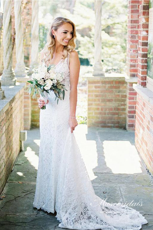 Ivory Lace Mermaid Backless V-neck Beach Wedding Dresses, Bridal Gown, MW689 | cheap lace wedding dress | boho wedding dress | vintage wedding dress | www.musebridals.com