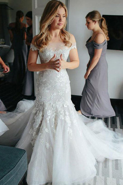 Ivory Lace Mermaid Off-the-Shoulder Illusion Neckline Wedding Dresses, MW541 | wedding dress online | lace wedding dress | cheap wedding dress | www.musebridals.com