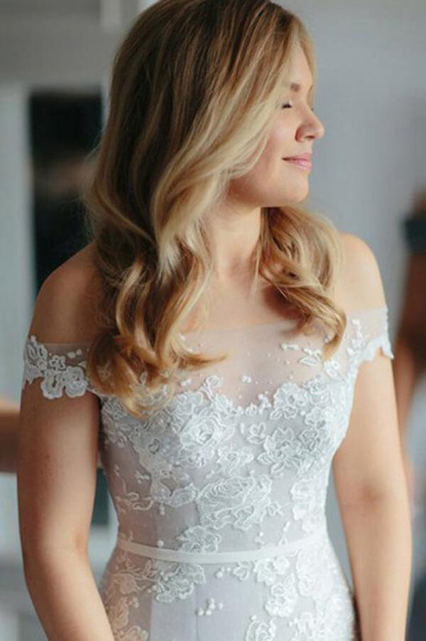 Ivory Lace Mermaid Off-the-Shoulder Illusion Neckline Wedding Dresses, MW541 | lace wedding dresses | bridal gowns | wedding dress near me | www.musebridals.com