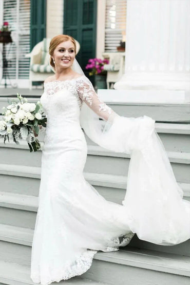 Ivory Lace Mermaid Off-the-Shoulder Long Sleeves Wedding Dresses, MW768 | long sleeves wedding dresses | wedding gowns | wedding dresses near me | musebridals.com