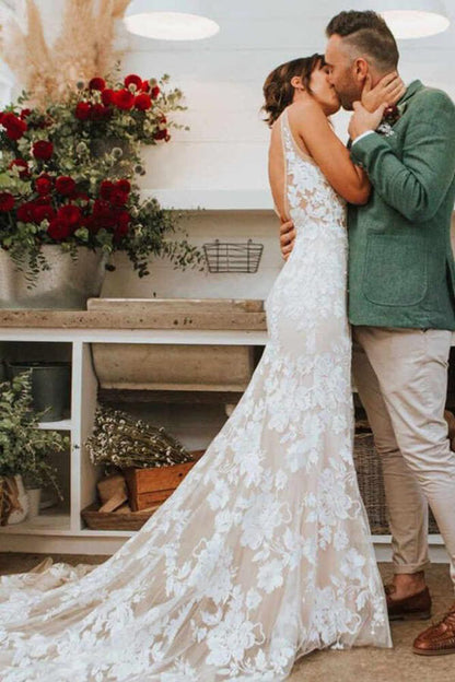 Ivory Lace Mermaid V-neck Beach Wedding Dresses, Appliqued Bridal Gown, MW616 | wedding dresses | beach wedding dress | lace wedding dresses | www.musebridals.com