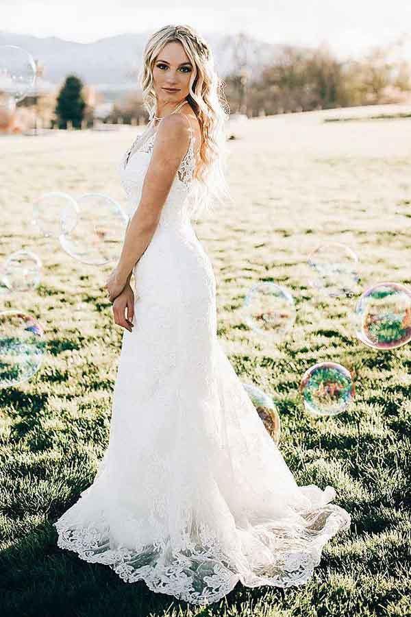 Ivory Lace Mermaid V-neck Sweep Train Wedding Dresses, Bridal Gown, MW706 | mermaid wedding dresses | ivory lace wedding gown | bridal outfit | www.musebridals.com