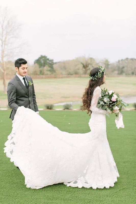 Ivory Lace Sheath V-neck Long Sleeves Chapel Train Wedding Dresses, MW966 | cheap lace wedding dresses | wedding gowns | bridal outfit | musebridals.com