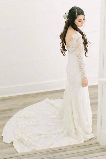 Ivory Lace Sheath V-neck Long Sleeves Chapel Train Wedding Dresses, MW966 | long sleeves wedding dress | mermaid wedding dresses | wedding dresses near me | musebridals.com