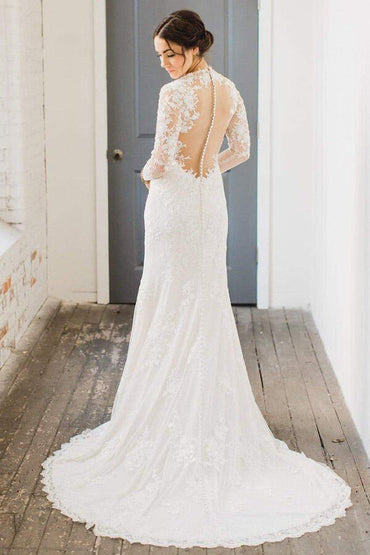 Ivory Lace Sheath V-neck Long Sleeves Wedding Dresses, Bridal Gown, MW610 | cheap lace wedding dresses | bridal gowns | long sleeves lace wedding dresses | www.musebridals.com