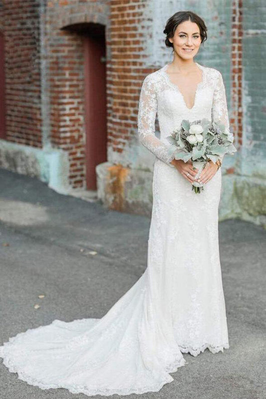 Ivory Lace Sheath V-neck Long Sleeves Wedding Dresses, Bridal Gown, MW610 | cheap lace wedding dresses | bridal gowns | long sleeves wedding dress | www.musebridals.com