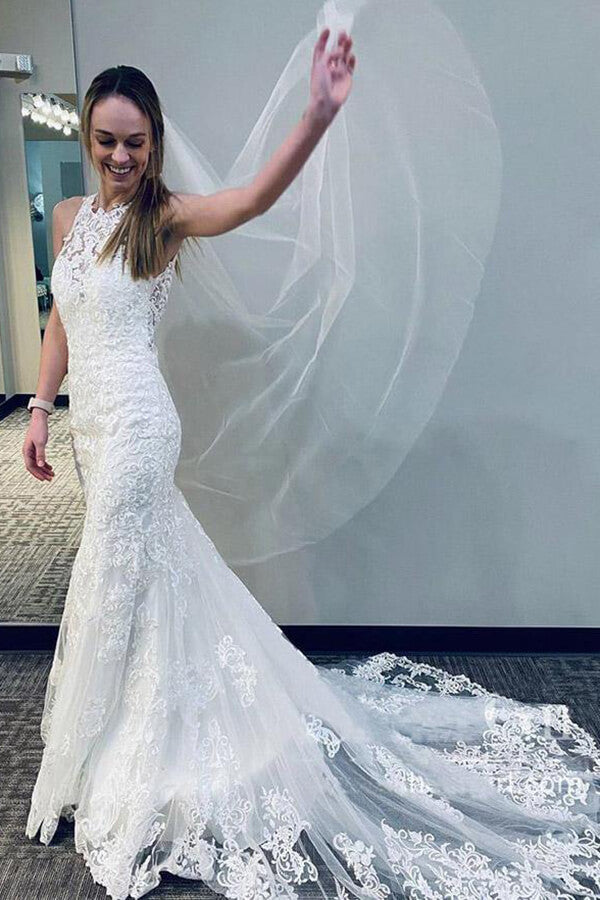 Ivory Lace Tulle Mermaid Round Neck Wedding Dresses With Court Train, MW654 | mermaid wedding dress | lace wedding dresses | cheap wedding dresses | www.musebridals.com