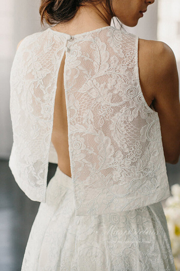 Ivory Lace Two Pieces Halter Open Back Wedding Dresses with Pockets, MW649 | cheap lace wedding dresses | a line wedding dress | wedding gown | www.musebridals.com