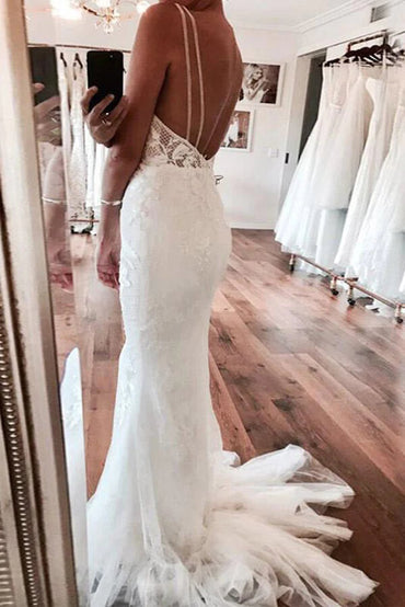 Ivory Mermaid Backless Deep V-neck Lace Wedding Dresses, Bridal Gown, MW828 | cheap lace wedding dresses | wedding gown | wedding dresses online | musebridals.com