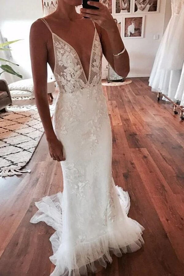 Ivory Mermaid Backless Deep V-neck Lace Wedding Dresses, Bridal Gown, MW828 | mermaid wedding dresses | tulle wedding dresses | lace wedding dress | musebridals.com