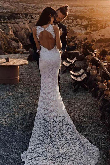 Ivory Mermaid Backless Lace Wedding Dresses With Slit, Bridal Gown, MW999 | backless wedding dress | summer wedding dress | vintage wedding dress | musebridals.com