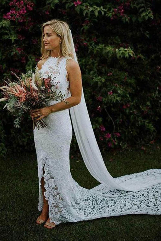 Ivory Mermaid Backless Lace Wedding Dresses With Slit, Bridal Gown, MW999 | cheap lace wedding dress | bohemian wedding dress | wedding gown | musebridals.com