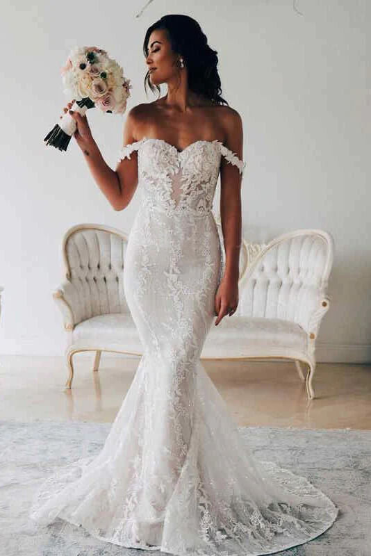 ​Ivory Mermaid Lace Backless Off Shoulder Wedding Dresses, Bridal Gown, MW749 | mermaid wedding dresses | lace wedding gown | wedding dresses online | www.musebridals.com