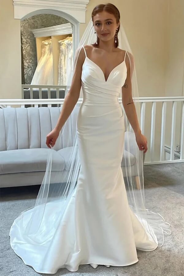 Ivory Mermaid Spaghetti Straps Backless Wedding Dress With Court Train, MW1010 | simple wedding dress | mermaid wedding dress | cheap wedding dress | musebridals.com