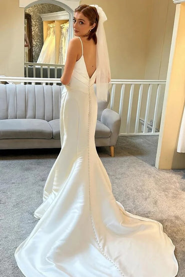 Ivory Mermaid Spaghetti Straps Backless Wedding Dress With Court Train, MW1010 | vintage wedding dress | affordable wedding dress | wedding dresses near me | musebridals.com