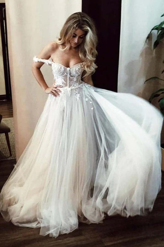 Ivory Off Shoulder Sweetheart Long Wedding Dresses with Lace Appliques, MW708 | lace wedding dresses | ivory wedding dress | bridal gown | www.musebridals.com