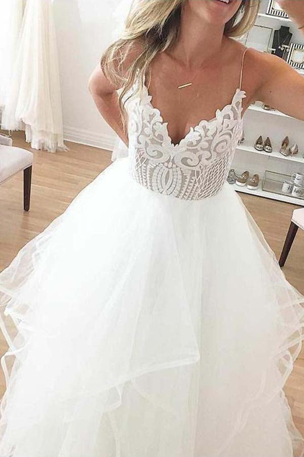 Ivory Organza Spaghetti Straps Lace Appliqued Beach Wedding Dresses, MW598 | a line wedding dresses | wedding gowns | bridal gowns | cheap lace wedding dresses | www.musebridals.com