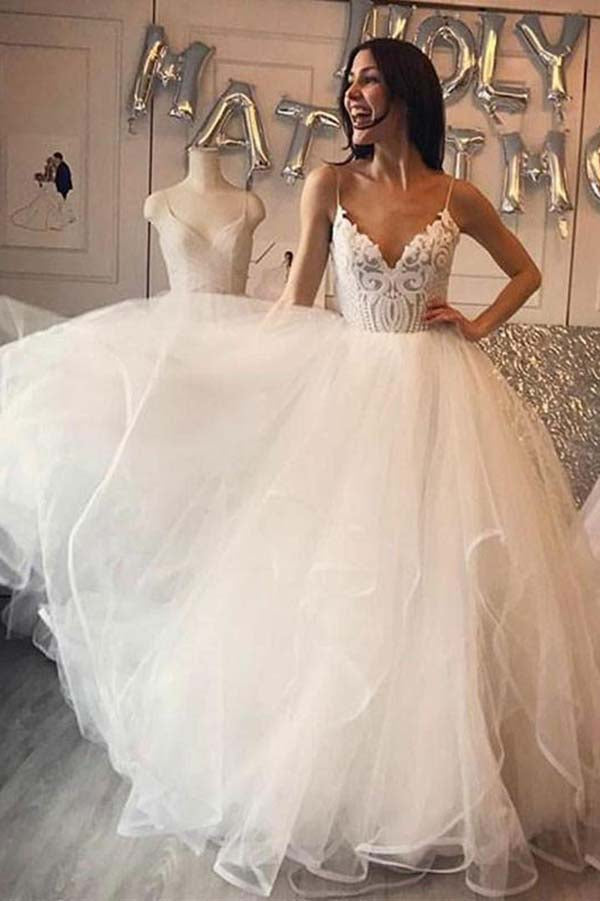 Ivory Organza Spaghetti Straps Lace Appliqued Beach Wedding Dresses, MW598 | wedding dresses | cheap lace wedding dresses | bridal gowns | www.musebridals.com