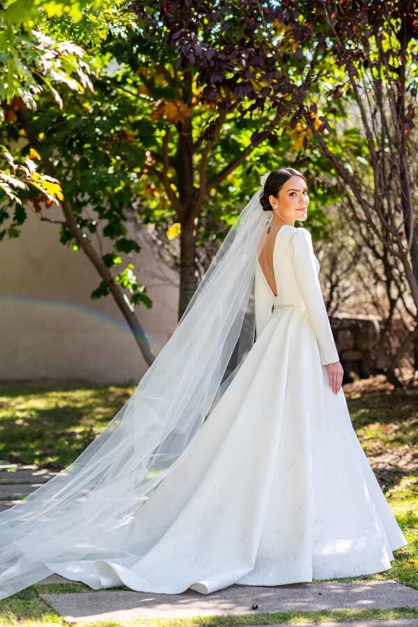 Ivory Satin A-line Long Sleeves Embroidery Modest Wedding Dresses, MW835 | cheap wedding dresses | vintage wedding dress | wedding dresses online | musebridals.com