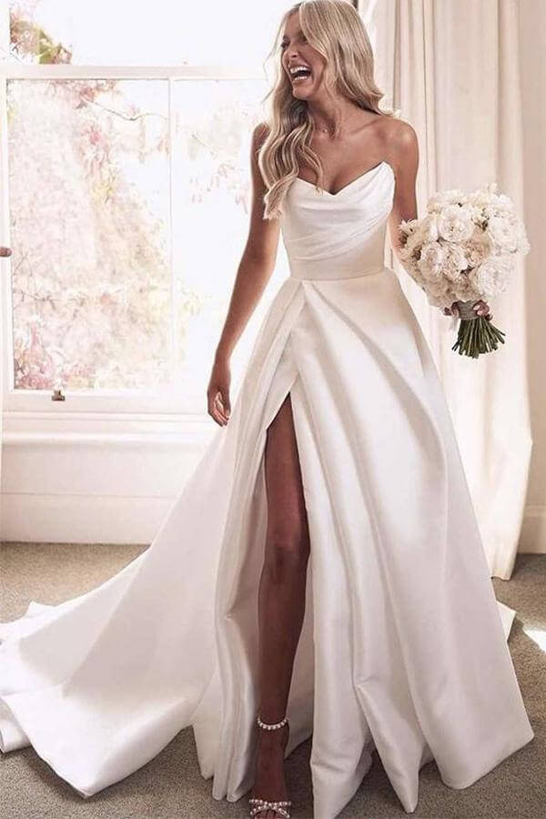 Ivory Satin A-line Strapless Court Train Wedding Dresses With Thigh Slit, MW674 | satin wedding dresses | cheap wedding dress | wedding gown | www.musebridals.com