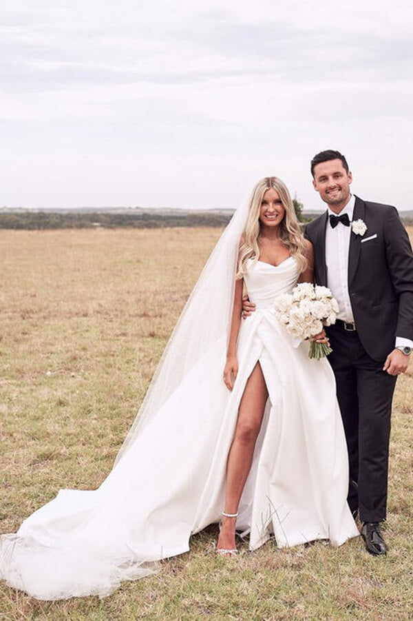 Ivory Satin A-line Strapless Court Train Wedding Dresses With Thigh Slit, MW674 | beach wedding dresses | simple wedding dresses | a line wedding dress | www.musebridals.com