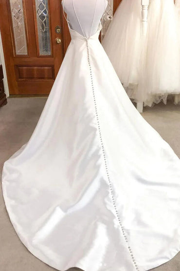 Ivory Satin A-line V-neck Spaghetti Straps Wedding Dresses, Bridal Gown, MW851 | simple wedding dresses | satin wedding dress | wedding dress stores | musebridals.com