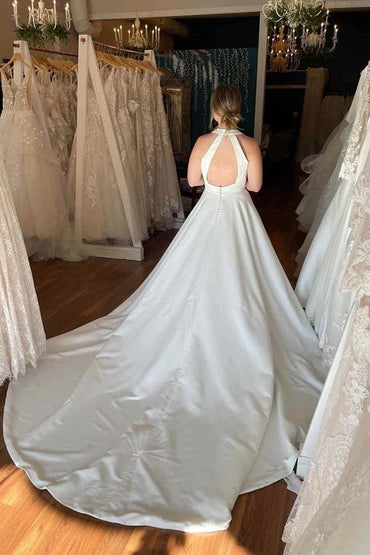 Ivory Satin Deep V-neck Wedding Dresses With Pockets, Bridal Gowns, MW895 | a line wedding dress | summer wedding dress | wedding dress stores | musebridals.com