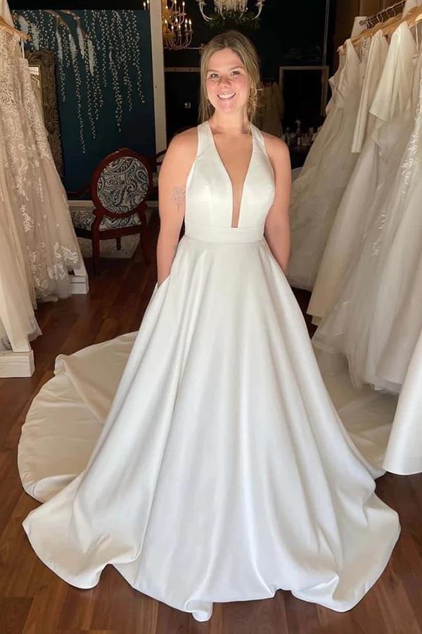 Ivory Satin Deep V-neck Wedding Dresses With Pockets, Bridal Gowns, MW895 | simple wedding dress | cheap wedding dress | bridal dress | musebridals.com