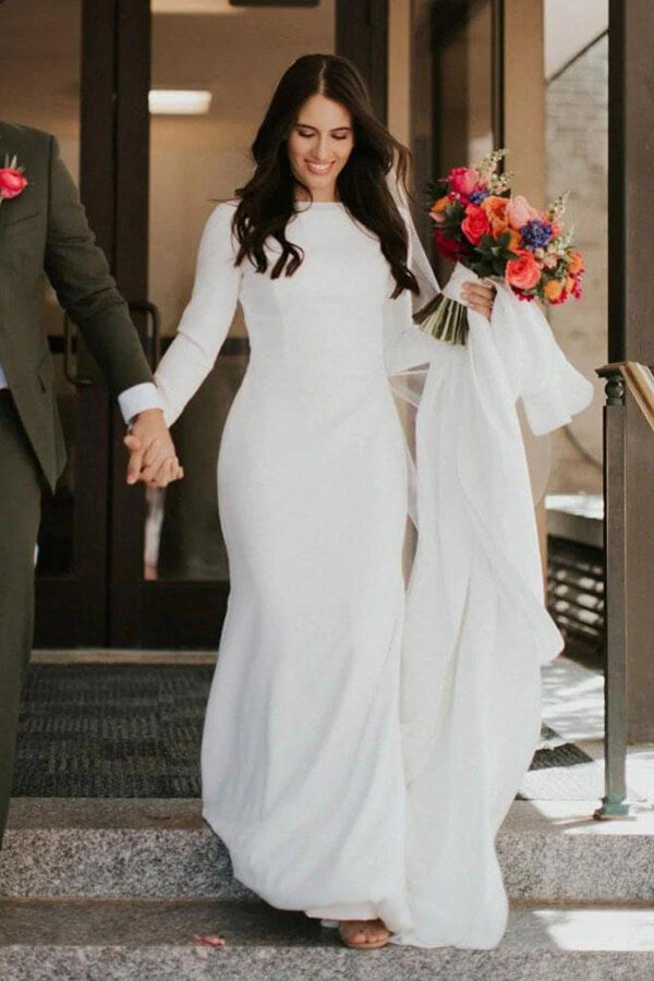 Ivory Satin Mermaid Long Sleeves Scoop Wedding Dresses, Bridal Gowns, MW617 | satin wedding dress | simple wedding dresses | wedding gowns | www.musebridals.com