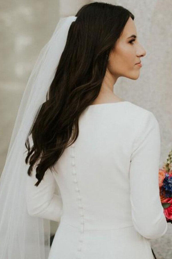 Ivory Satin Mermaid Long Sleeves Scoop Wedding Dresses, Bridal Gowns, MW617 | long sleeves wedding dresses | bridal outfit | wedding gown | www.musebridals.com