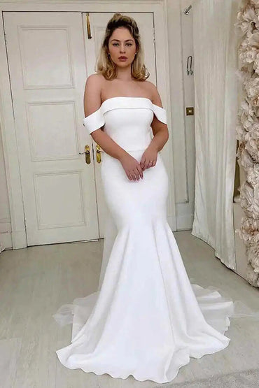 Ivory Satin Mermaid Off-the-Shoulder Simple Wedding Dress, Bridal Gown, MW858 | mermaid wedding dresses | wedding dresses online | bridal style | musebridals.com