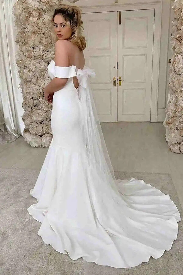 Ivory Satin Mermaid Off-the-Shoulder Simple Wedding Dress, Bridal Gown, MW858 | ivory wedding dresses | wedding dress stores | bridal outfit | musebridals.com