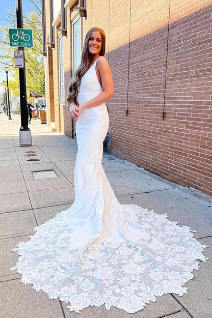 Ivory Satin Mermaid V-neck Lace Wedding Dresses With Court Train, MW907 | mermaid lace wedding dress | cheap wedding dress online | wedding gown | musebridals.com