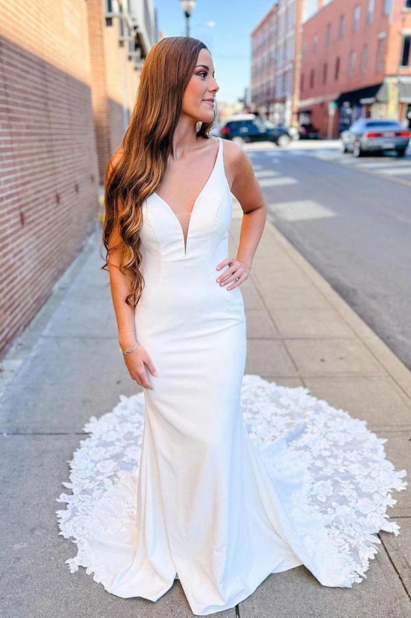 Ivory Satin Mermaid V-neck Lace Wedding Dresses With Court Train, MW907 | satin wedding dress | lace wedding dress | bridal gown | musebridals.com