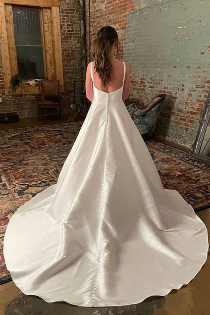 Ivory Satin Spaghetti Straps Simple Wedding Dresses With Court Train, MW848 | bridal gown | wedding dress stores | vintage wedding dress | musebridals.com