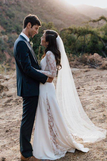 Ivory Sheath Satin Long Sleeves Rustic Wedding Dresses, Bridal Dress, MW963 | cheap lace wedding dresses | bridal gown | vintage wedding dress | musebridals.com