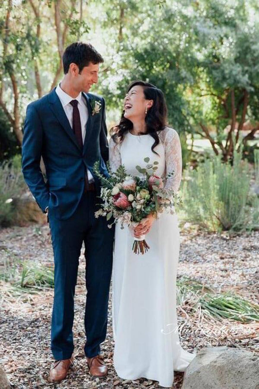 Ivory Sheath Satin Long Sleeves Rustic Wedding Dresses, Bridal Dress, MW963 | long sleeves wedding dress | country wedding dress | outdoor wedding dress | musebridals.com