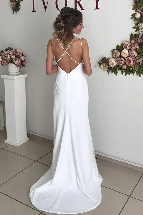 Ivory Sheath V-neck Backless Spaghetti Straps Wedding Dresses with Slit, MW710 | vintage wedding dresses | wedding gowns | bridal gowns | simple wedding dresses online | www.musebridals.com