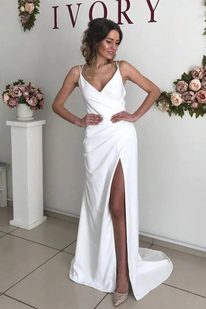 Ivory Sheath V-neck Backless Spaghetti Straps Wedding Dresses with Slit, MW710 | simple wedding dresses | cheap wedding dress | sheath wedding dresses | www.musebridals.com