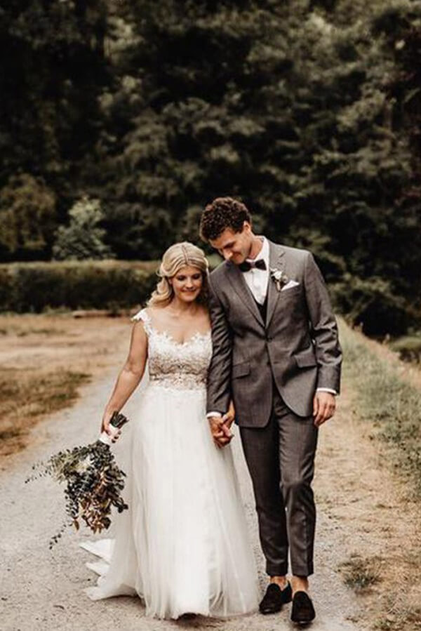 Ivory Tulle A-line Illusion Neck Wedding Dresses with Lace Appliques, MW573 | cheap lace wedding dress | tulle wedding dress | a line v neck wedding dress | www.musebridals.com