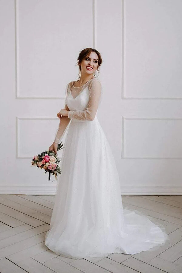 Ivory Tulle A-line Scoop Long Sleeves Beaded Bohemian Wedding Dresses, MW859 | wedding dress stores | wedding dress near me | simple wedding dress | musebridals.com