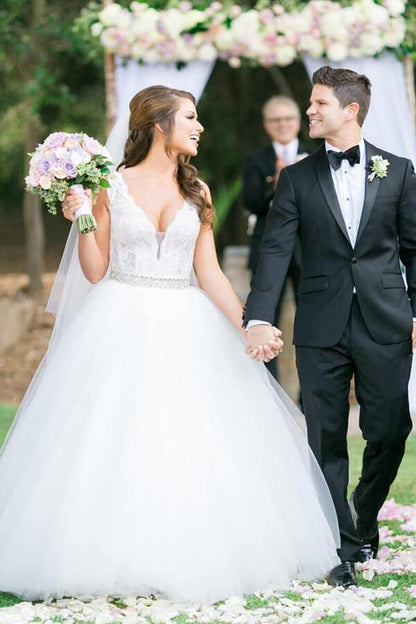 Ivory Tulle Ball Gown V Neck Rhinestone Wedding Dresses, Bridal Gown, MW549 | cheap lace wedding dress | bridal gowns | ivory wedding dresses | bridal dresses | www.musebridals.com