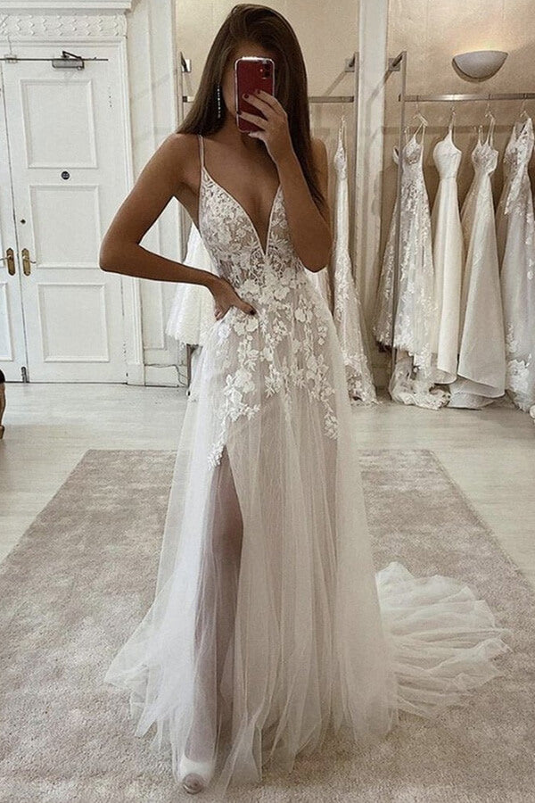 Ivory Tulle Lace A-line Spaghetti Straps Wedding Dresses With Side Slit, MW662 | tulle wedding dresses | lace wedding dress | bridal outfit | beach wedding dresses | www.musebridals.com