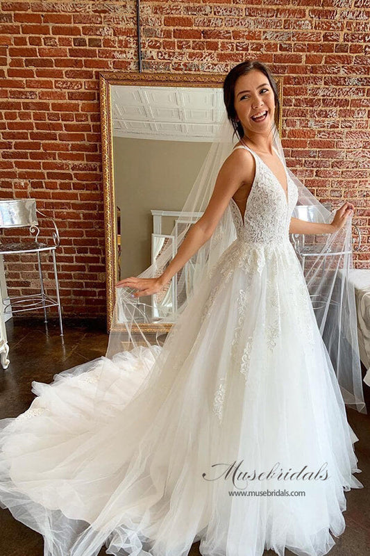 Ivory Tulle Lace A-line V-neck Wedding dresses With Train, Bridal Gowns, MW684 | lace wedding dresses | cheap lace wedding dress | bridal gown | www.musebridals.com