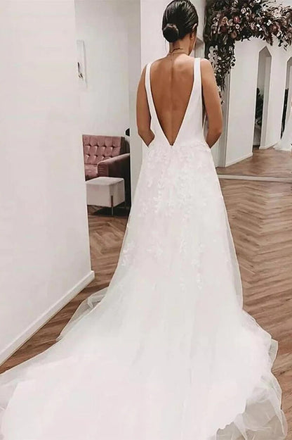 Ivory Tulle Lace Deep V-neck Wedding Dresses With Train, Bridal Gowns, MW820 | cheap wedding dresses | wedding dress stores | wedding gown | musebridals.com