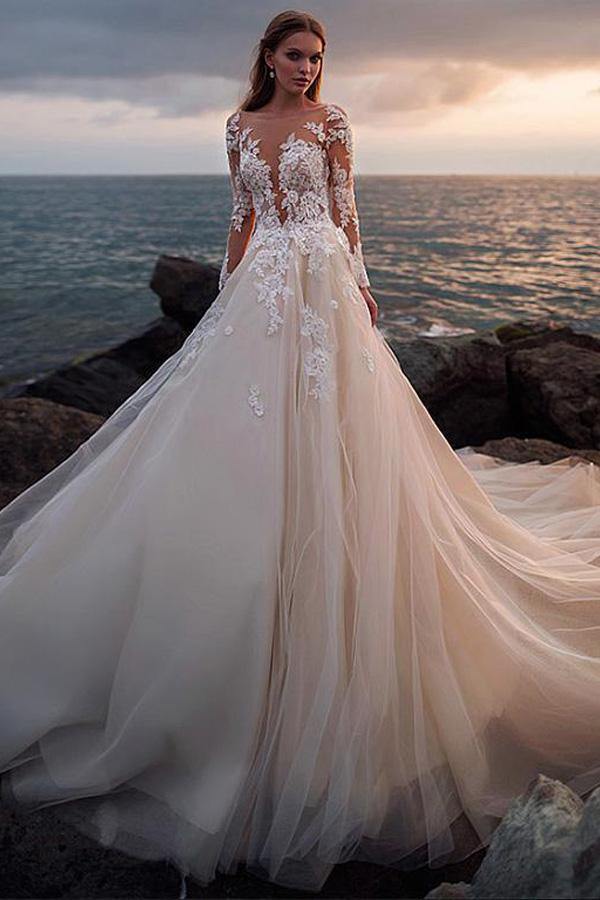 Ivory Tulle Lace Long Sleeves Beach Wedding Dresses With Illusion Neck, MW716 | a line wedding dresses | long sleeves wedding dress | beach wedding gown | www.musebridals.com