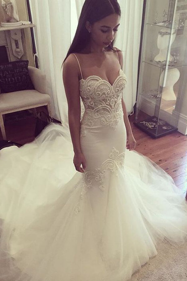 Ivory Tulle Lace Mermaid Spaghetti Straps Court Train Wedding Dresses, MW591 | mermaid wedding dress | bridal gowns | wedding dresses online | www.musebridals.com