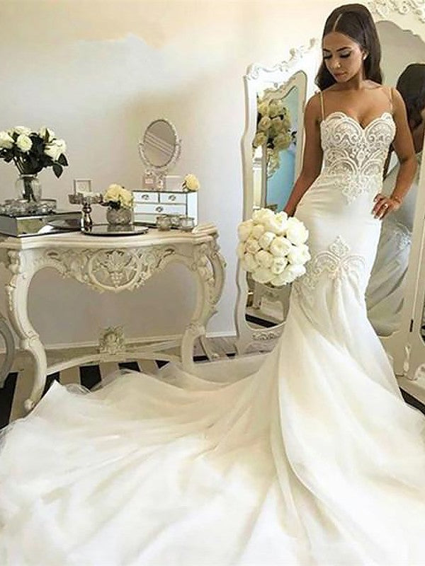 Ivory Tulle Lace Mermaid Spaghetti Straps Court Train Wedding Dresses, MW591 | cheap lace wedding dresses | bridal gowns | mermaid lace wedding dresses | www.musebridals.com