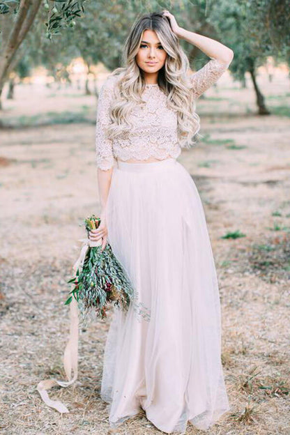 Ivory Two Pieces Long Sleeves Floor Length Rustic Wedding Dresses, MW1028 | outdoor wedding dress | beach wedding dress | lace wedding gown | musebridals.com