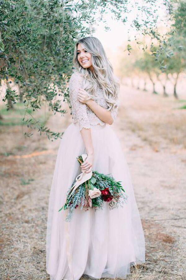 Ivory Two Pieces Long Sleeves Floor Length Rustic Wedding Dresses, MW1028 | cheap wedding dresses online | vintage wedding dress | bridal gown | musebridals.com